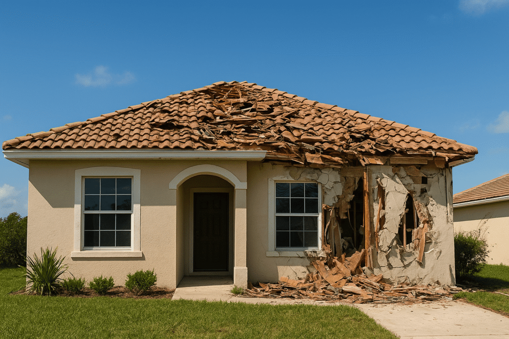 Severely damaged home in Palm Beach Gardens FL showing roof and wall destruction, representing the need for a public adjuster