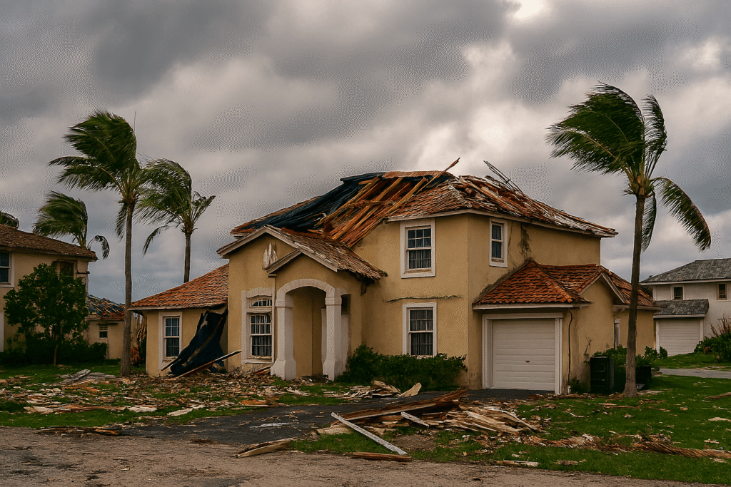 Storm-damaged Miami home with torn roof, scattered debris, and bent palm trees under a cloudy sky