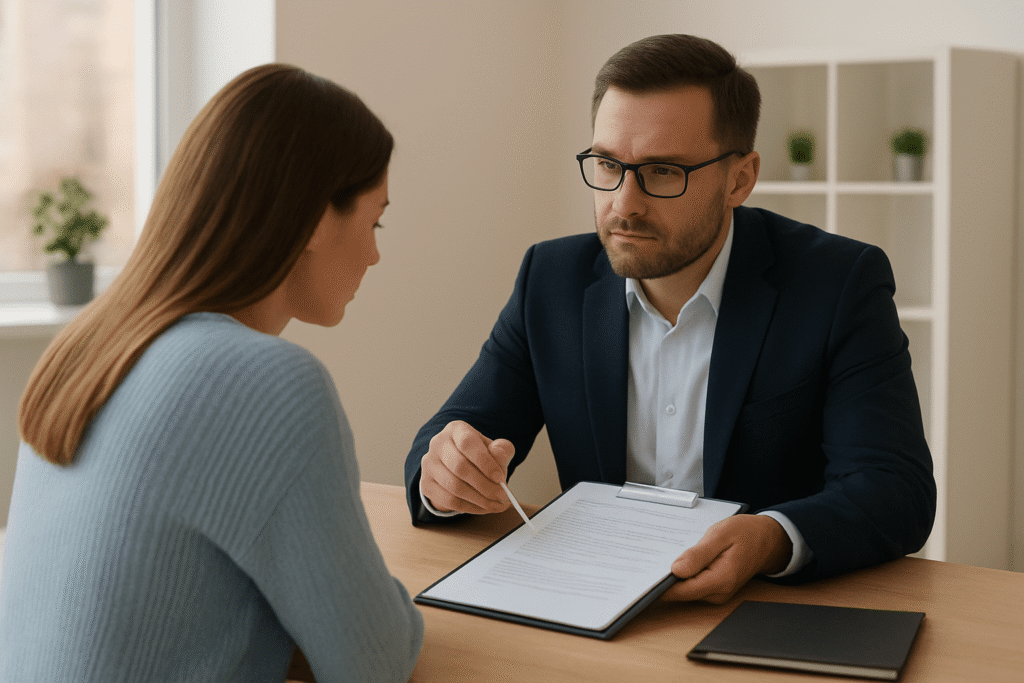 A professional male public adjuster in West Palm Beach, wearing glasses and a suit, reviews documents with a female client during a consultation. This image highlights the personalized service of a Public Adjuster West Palm Beach.