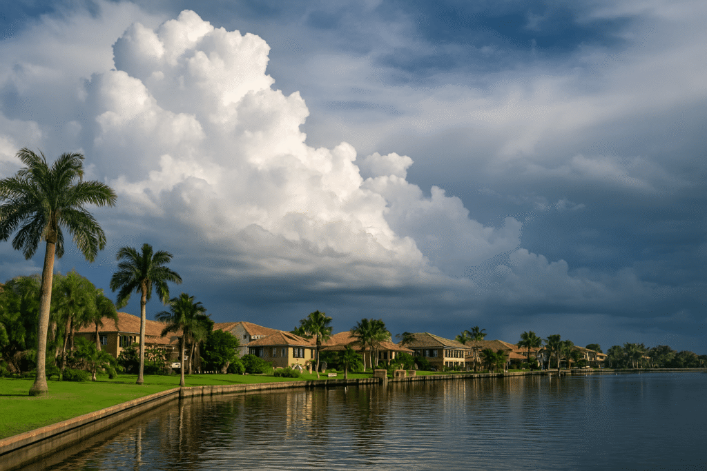 Florida residential neighborhood showing homes with palm trees and signs of storm recovery
