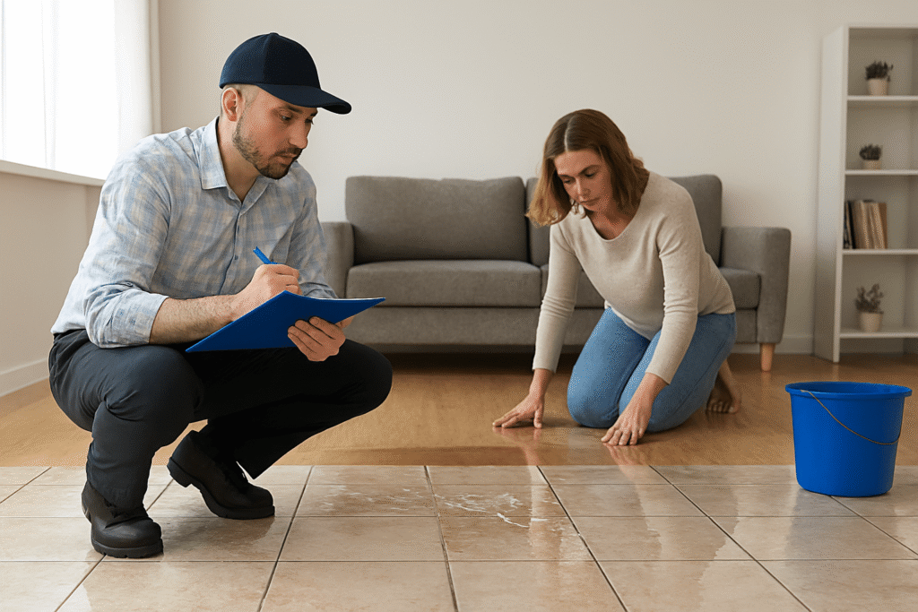 Landscape image of a flooded living room in Sarasota showing standing water and visible property damage