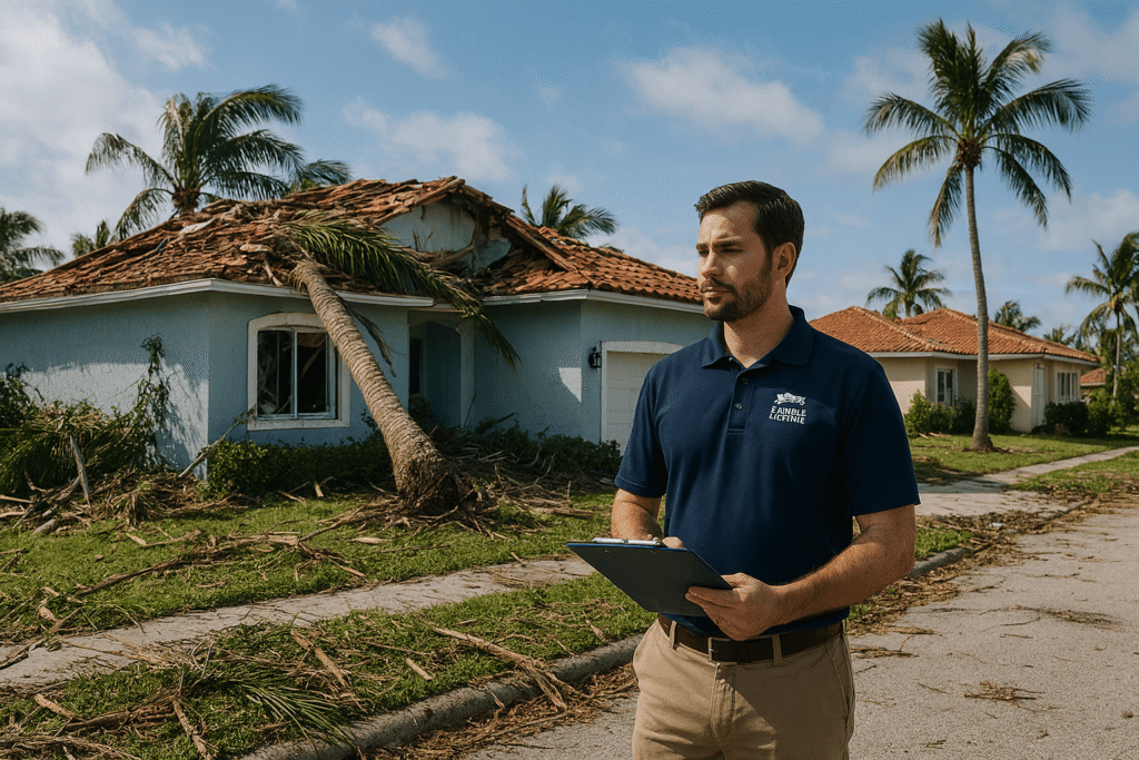Public adjuster in Fort Lauderdale inspecting storm-damaged residential property