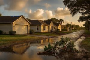 Fort Myers residential street after storm with visible roof damage, tarps on roofs, fallen branch, and standing water — public adjuster Fort Myers