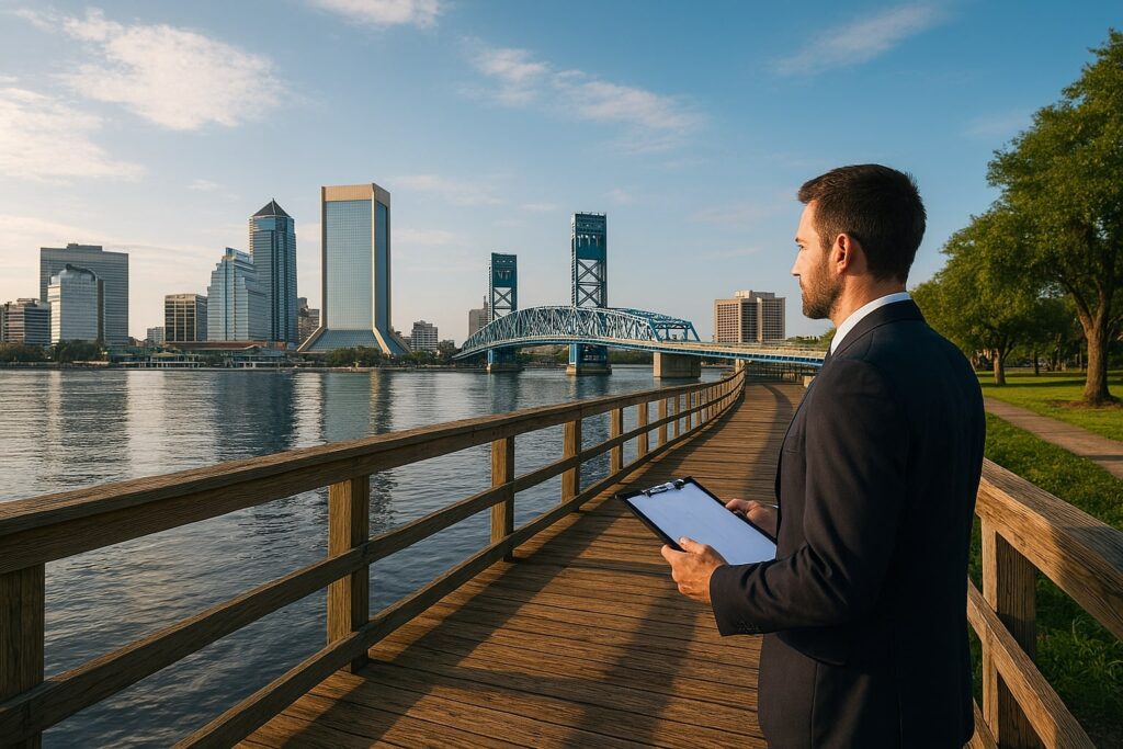 Jacksonville FL landscape with homes and skyline representing insurance claim process by public adjuster Jacksonville FL