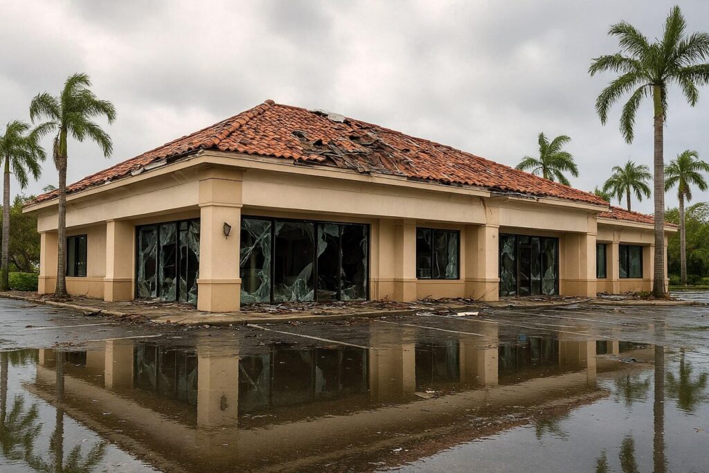 Closed Naples storefront with shattered windows and a standing-water parking lot after a storm, illustrating business interruption and need for a public adjuster Naples.