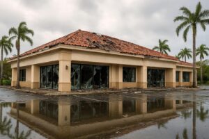 Closed Naples storefront with shattered windows and a standing-water parking lot after a storm, illustrating business interruption and need for a public adjuster Naples.