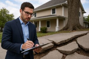 Claims adjuster inspecting sidewalk damage—Town and Country property assessment for insurance claim