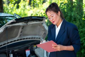 Public adjuster in Lakeland inspecting vehicle—clipboard notes and open hood damage evaluation