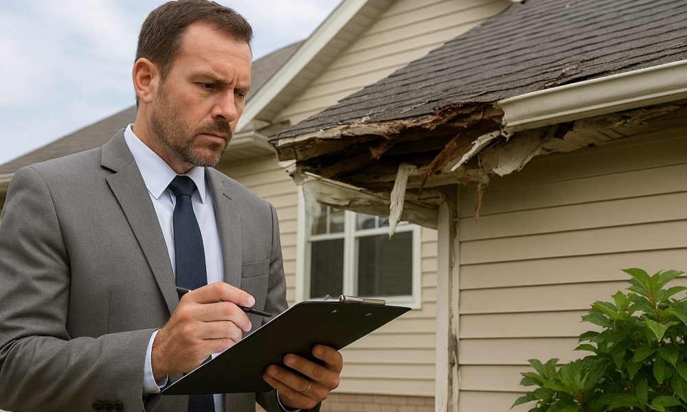 Claims adjuster inspecting roof damage—Town and Country residential insurance evaluation