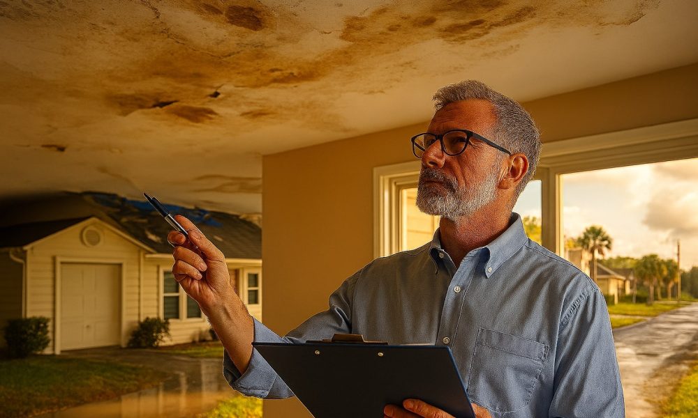 Fort Myers home inspection scene after storm with clipboard, ladder, tarped roof, measuring tape, and standing water — public adjuster Fort Myers