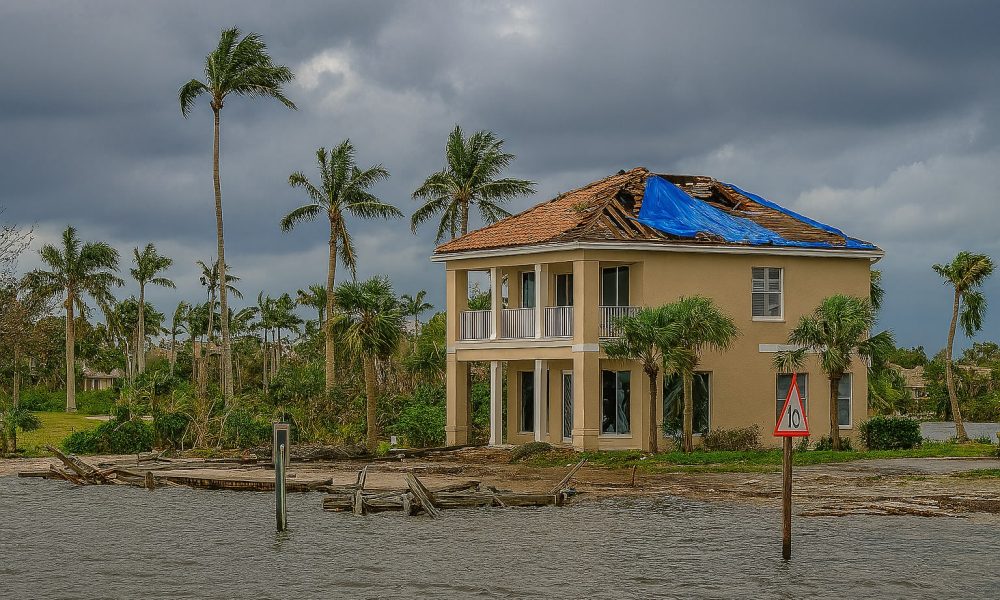 Naples business owner speaking with a public adjuster outside a storm-damaged storefront, documenting losses for a business interruption claim.