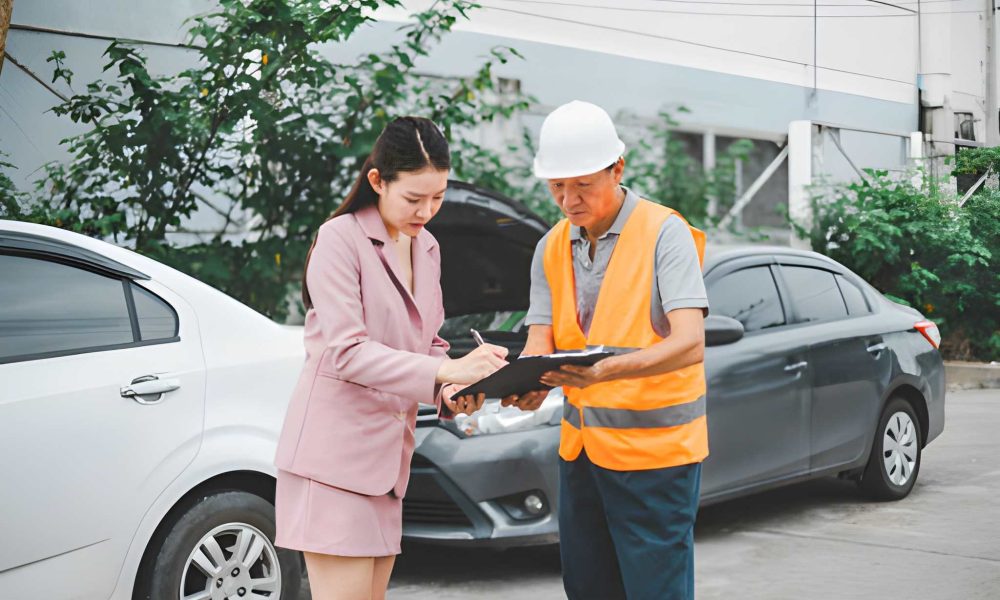 Public adjuster in Lakeland assisting with roadside claim—document signing near open vehicle hood