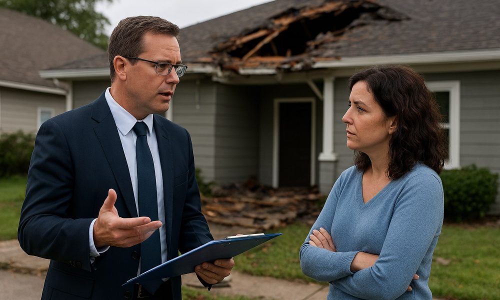 Public adjuster jacksonville fl assessing roof damage on a suburban home during insurance claim review